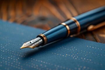Elegant fountain pen on dotted notebook, luxury writing instrument with gold nib, sophisticated blue barrel, executive desk accessory, close-up