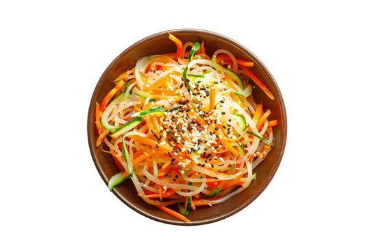 top view of Chinese cold noodle salad with chilled noodles, shredded chicken, cucumber, carrots, and a sesame dressing.