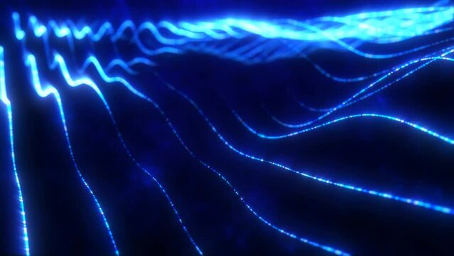 Blue energy glowing magic stripes waves lines high technology digital with light beams from energy particles. Abstract background. Video in high quality 4k