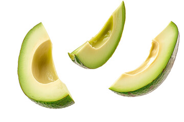 avocado wedges in mid-air, emphasizing the creamy texture and vibrant green hue.