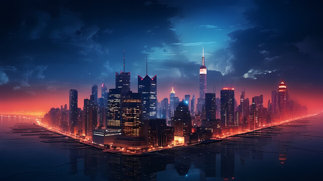 Vibrant cityscape with towering skyscrapers glowing with neon lights under the sunset sky