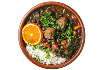 Brazilian feijoada, a hearty stew made with black beans, pork or beef, and served with rice, collard greens, and orange slices.