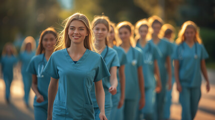 Zukunft des Gesundheitswesens: Junge Medizinstudentinnen in Uniform - obrazy, fototapety, plakaty