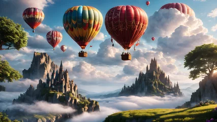 Photo sur Plexiglas Gris 2 A colorful hot air balloon drifting through the clouds, decorated with heart-shaped patterns. The couple inside enjoys breathtaking views of landscapes and romantic skies