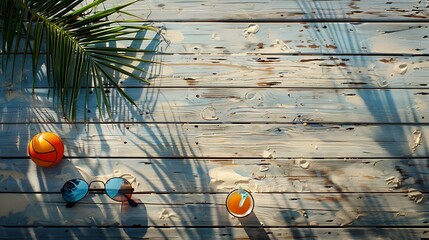 Top view of Beach volleyball, sunglasses, and a refreshing drink on a wooden pier with copy space...
