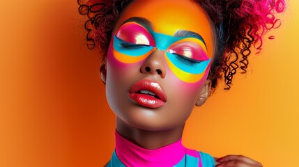 Women decked out in flashy neon colors will shine with bright lipstick and trendy makeup. At the same time maintaining a simple but chic dressing style. It's like shooting an advertisement. - obrazy, fototapety, plakaty