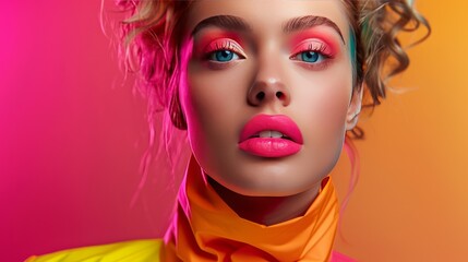 Fototapeta premium Women decked out in flashy neon colors will shine with bright lipstick and trendy makeup. At the same time maintaining a simple but chic dressing style. It's like shooting an advertisement.
