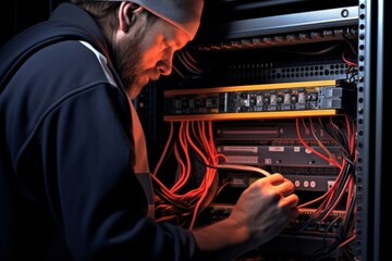 Serviceman engineer system administrator computer specialist man male guy electrician technician diagnoses revises inspecting server computer internet cloud development backend equipment cables wires