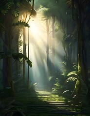 dark rainforest sun rays through the trees rich jungle greenery atmospheric fantasy forest 3d...