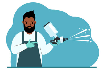 A man in a special suit holds a paint spray gun.