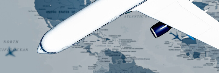 Close-Up of a Commercial Jet Wing Over a Monochromatic Map Featuring the North Atlantic