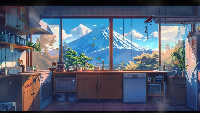 Modern kitchen with breathtaking mountain views. Seamless Looping 4k Video Animation