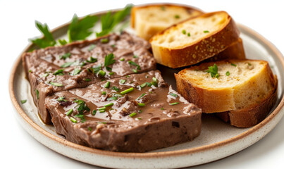 Chopped liver garnished with parsley served with toasted bread slices on a white ceramic plate. Studio food photography for culinary and recipe design