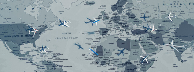 Transcontinental Air Traffic Over a Monochrome World Map Highlighting Major Flight Paths