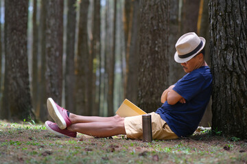 Man sitting under a tree covering his face with a hat, sleeping
