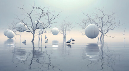 surreal abstract waterscape with spheres wallpaper background poster cover card