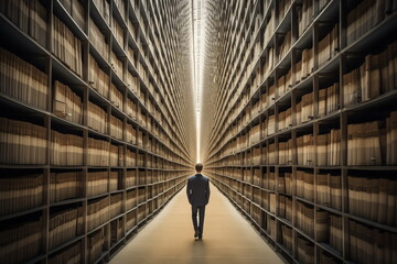 Little man walking among huge stacks of documents. Concept of mind and memory in a person's head