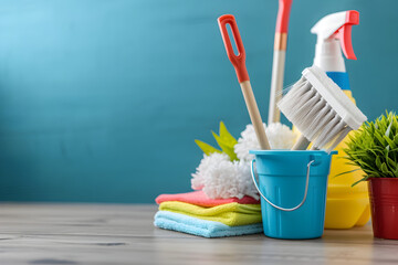 House cleaning tools, special products. Banner template for house cleaning, spring cleaning with copyspace