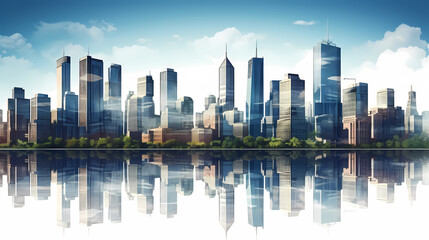 Fototapeta premium Vibrant cityscape with towering skyscrapers glowing with neon lights under the sunset sky