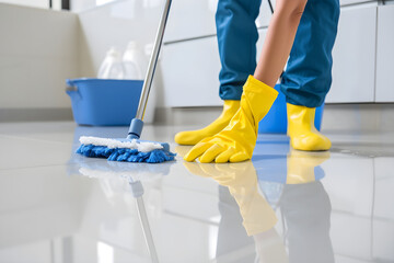 A cleaner in rubber boots and a mop washes the floor.  Banner template for house cleaning, spring cleaning with copyspace - obrazy, fototapety, plakaty