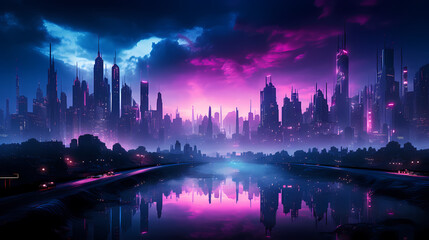 Vibrant cityscape with towering skyscrapers glowing with neon lights under the sunset sky
