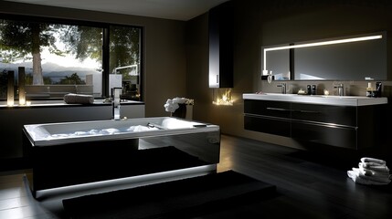 Modern bathroom with nighttime lighting showcasing shower, bathtub, mirror, and washstand