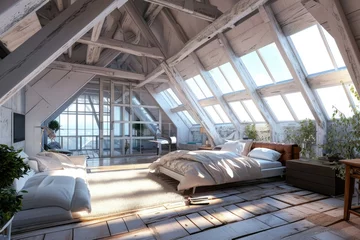 Foto auf Leinwand Cozy Loft Bedroom: Modern Attic Interior Design with Rustic Charm © AIGen