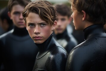 a group of young boys holding surfboards in wet suits