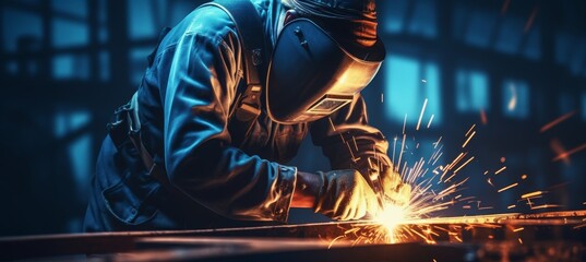 Close up of professional welder working on medium sized pipe with blue light, space for text. - obrazy, fototapety, plakaty