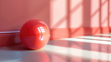 Pink and orange wall texture with a ball on the surface with sun reflections. Modern wall paint...