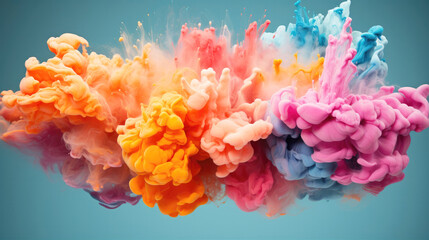Fluidity of colorful Pantone tones on horizontal blue background. Expressionist color explosion,...