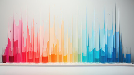 Artistic palette of colors in test tube flasks with the precise colors painted on a gray background. Color grading system for graphic arts, design and printing. Ai generated