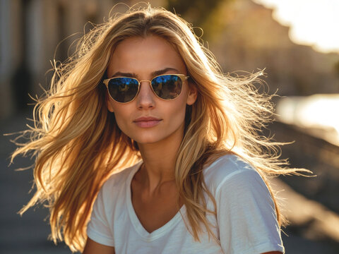 Portrait of a beautiful young blonde woman in sunglasses and a white T-shirt.
