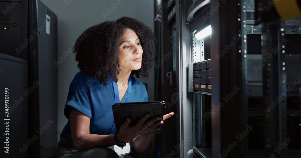 Leinwandbilder Woman, tablet and internet by server as software engineer and online research for coding in data center. Technician, asset register or check on touchscreen or it infrastructure in network programming