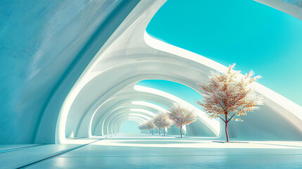 Architectural Marvel: Futuristic Urban Passage in Blue. Empty Design with Geometric Patterns,...