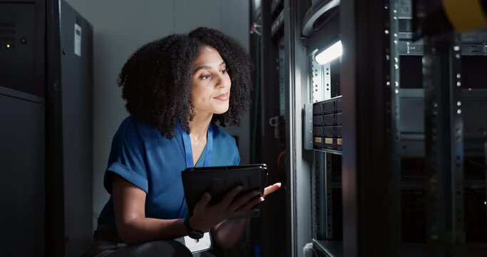 Woman, tablet and internet by server as software engineer and online research for coding in data center. Technician, asset register or check on touchscreen or it infrastructure in network programming
