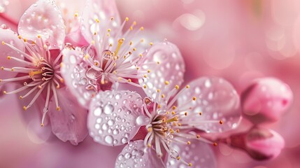 detail of cherry blossom flowers with HD dew drops, pastel pink background