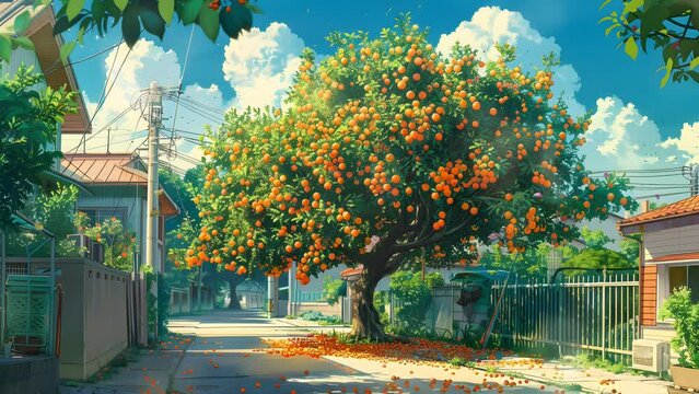Charming home featuring an orange tree in the front yard. Seamless Looping 4k Video Animation