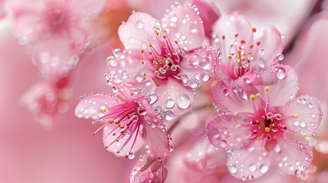 detail of cherry blossom flowers with HD dew drops, pastel pink background - Powered by Adobe