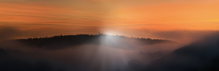 Sunrise morning over the nature neckar valley mountains in Germany. - obrazy, fototapety, plakaty