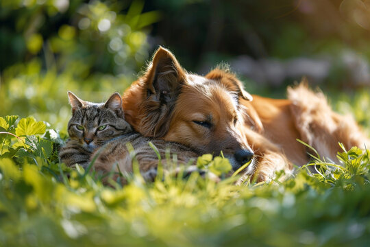 Adorable dog and cat cuddle on green grass, basking in spring sun, creating a heartwarming scene of natural companionship.