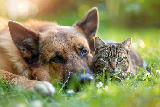 Adorable dog and cat cuddle on green grass, basking in spring sun, creating a heartwarming scene of natural companionship.