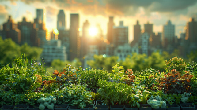 An expansive community garden blooms with a variety of plants and flowers, showcasing sustainable urban agriculture in a residential area..
