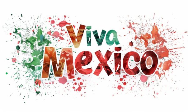 Viva Mexico calligraphy lettering. Abstract grunge watercolor painted flag of Mexico. Template for national holiday background.