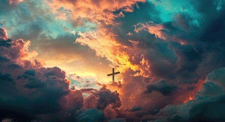 Fototapeta na wymiar Divine Sunset: Christian Cross Silhouette on Colorful Clouds