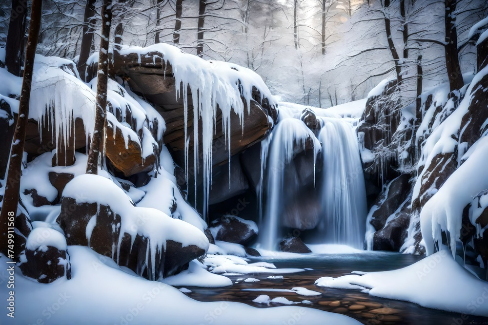 Wall mural waterfall in the mountains  generated by AI technology