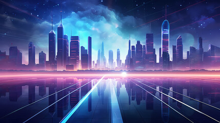 Panoramic night view of bustling city skyline and skyscrapers