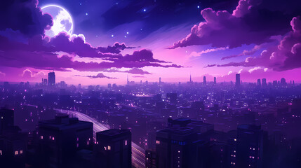 Obraz premium Panoramic night view of bustling city skyline and skyscrapers