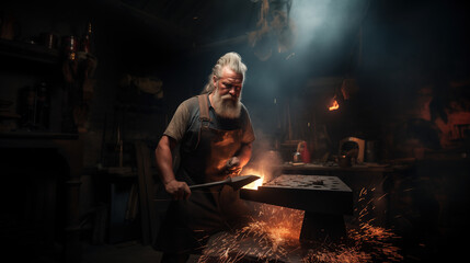 Brutal old bearded blacksmith in an apron forges product on anvil in forge - obrazy, fototapety, plakaty