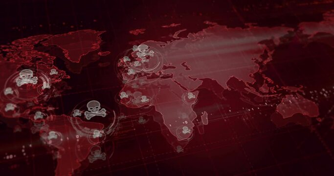 Cyberattack piracy and security breach with skull symbols over world map. Seamless looped technology concept.